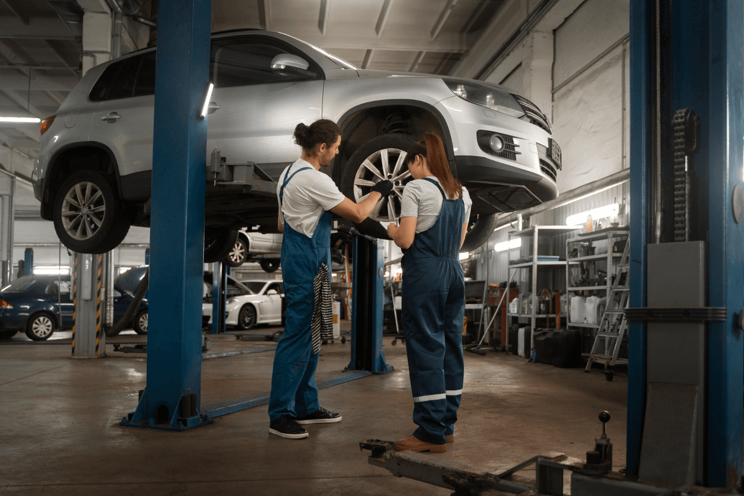 Técnico realizando mantenimiento de vehículo en taller elevado